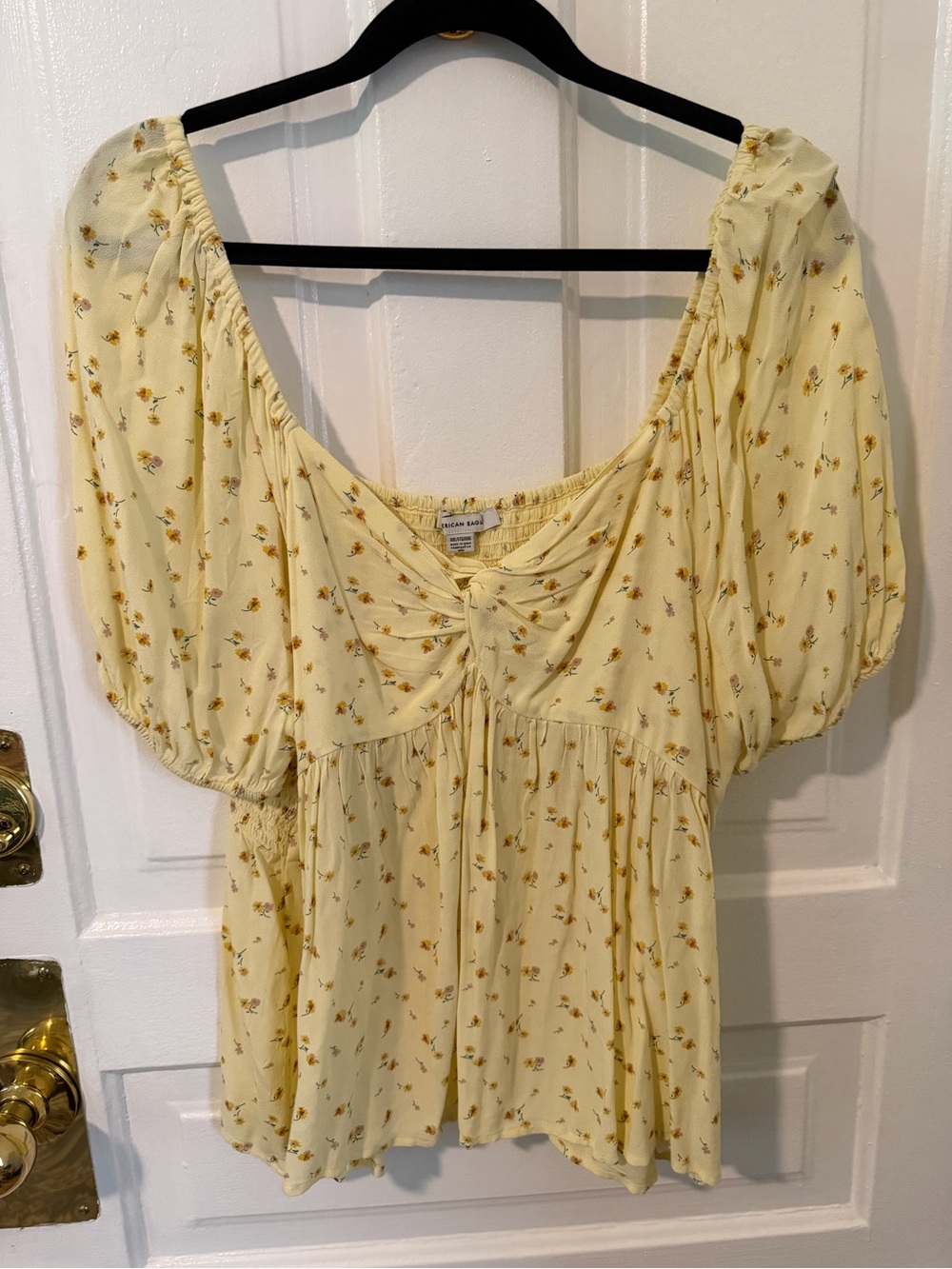 American Eagle Yellow Floral Puff Sleeve Peasant Top